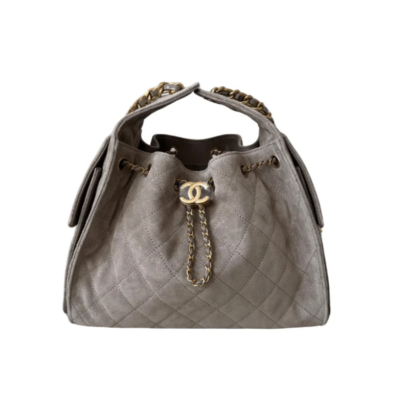 Chanel 25 Small Handbag Suede Calfskin & Gold Metal Dark Grey